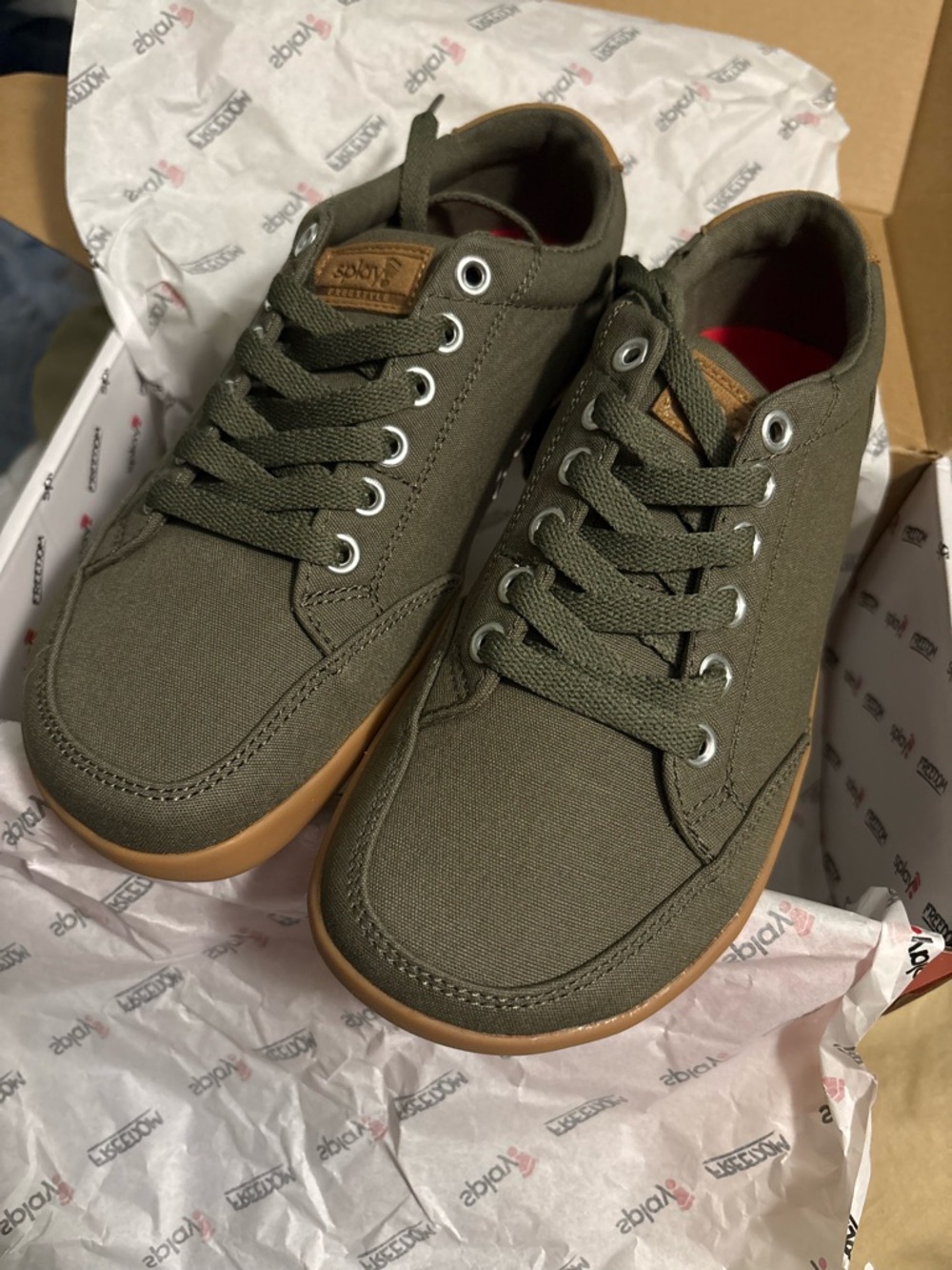 Splay barefoot shoes. 
Olive Canvas Low-Top Sneakers with Gum Sole - Women